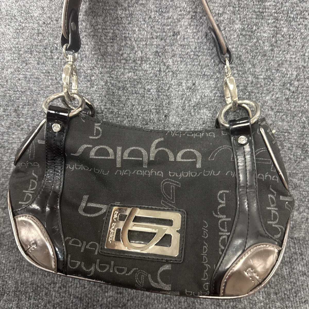 Byblos Y2K Monogram Shoulder Bag Black Jacquard Patent Leather Logo Purse