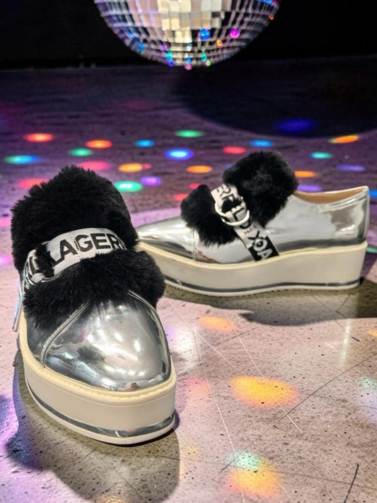 Karl Lagerfeld Paris Birdie Sneaker Mule Women's 8 Silver Fur Platform Slip On