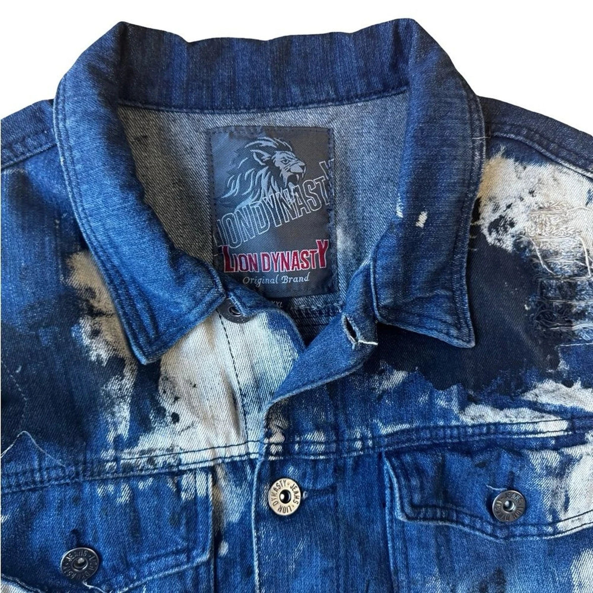 Lion Dynasty Paint Splatter Denim Jacket Men’s XXL Blue Streetwear