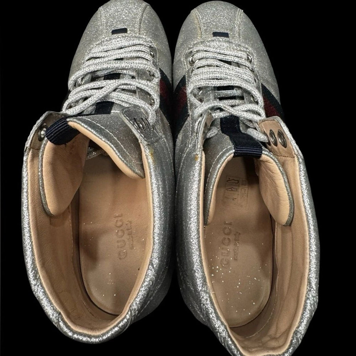 Gucci Glitter Web High Top Sneakers Women EU 38 Silver Designer Shoes Italy