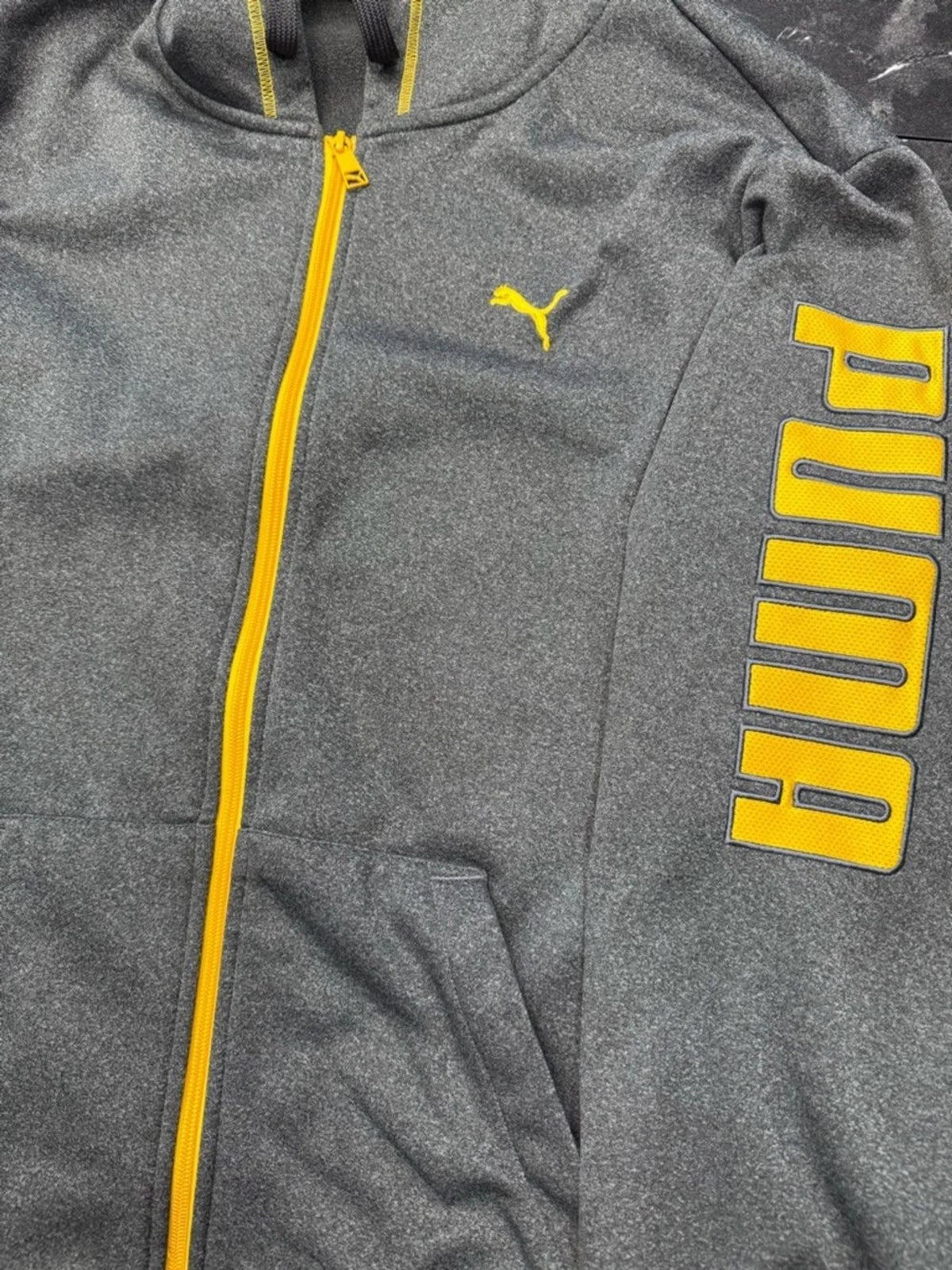 Puma WarmCell Zip Up Hoodie Men’s XXL Gray Yellow Logo Athletic Full Zip