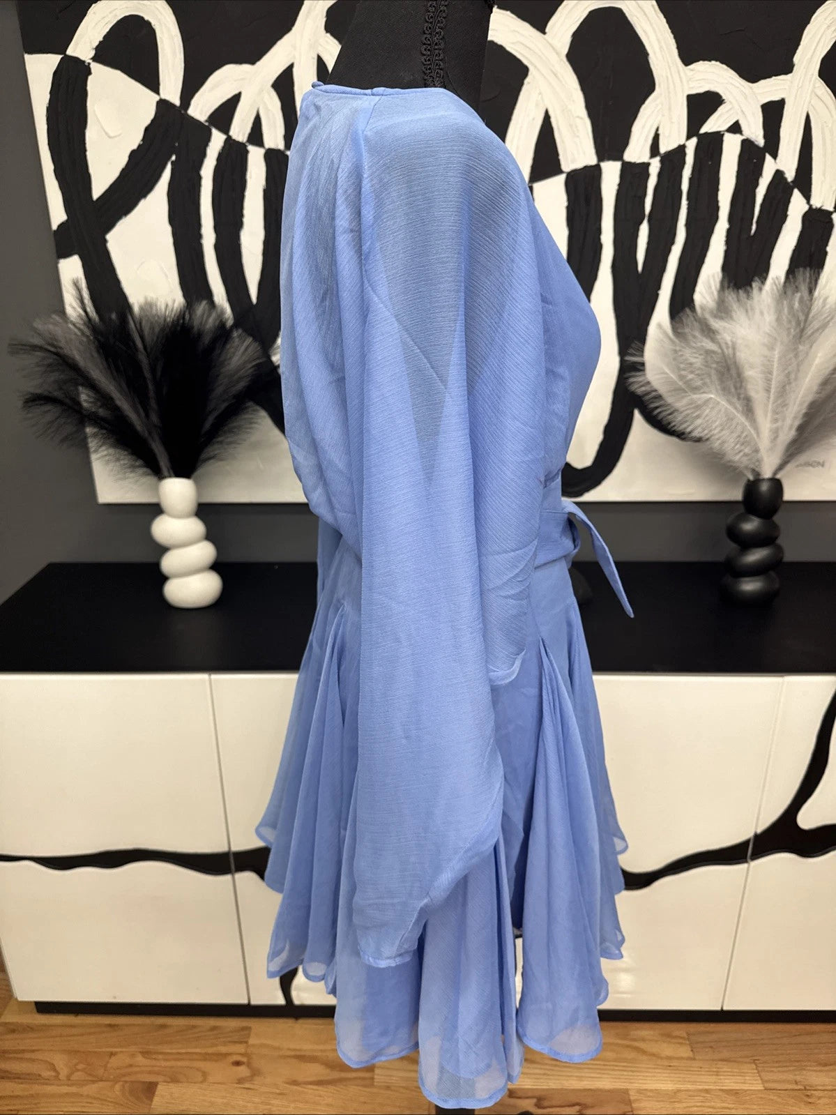 ASOS DESIGN Blue Chiffon Mini Dress Women's 4 Long Sleeve Belted NWT