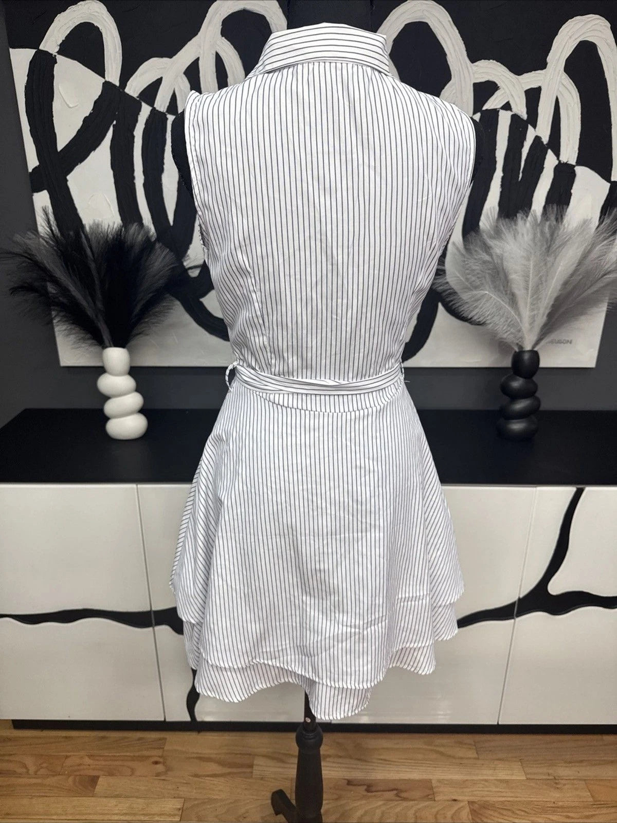 Love Notes Blue White Striped Shirt Dress Women's Large Sleeveless Belted Mini