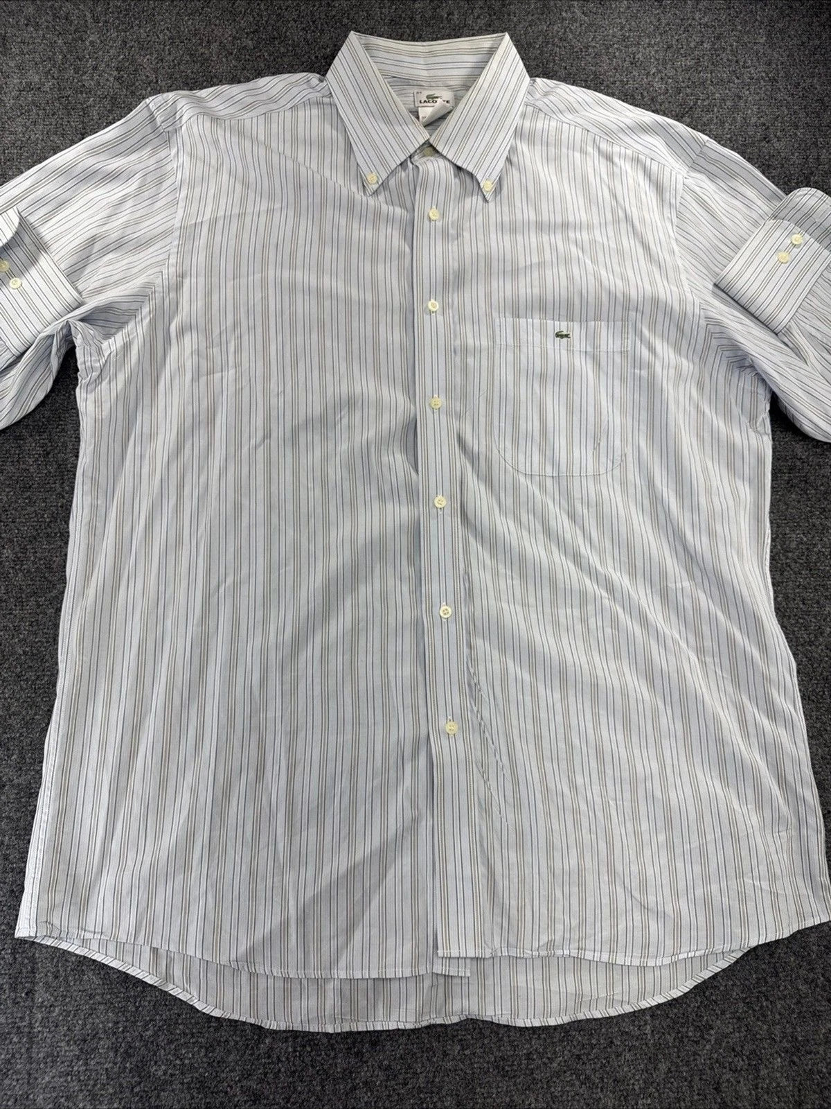 Vintage Lacoste Shirt Men’s 44 XL Light Blue Stripe Hong Kong Cotton Button Down