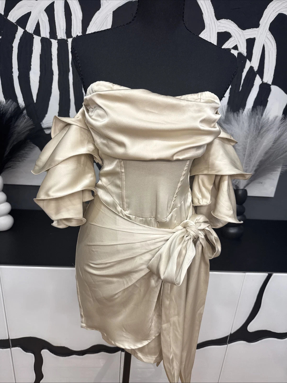 PrettyLittleThing Satin Off Shoulder Mini Dress Women’s US 4 Champagne Ruffle