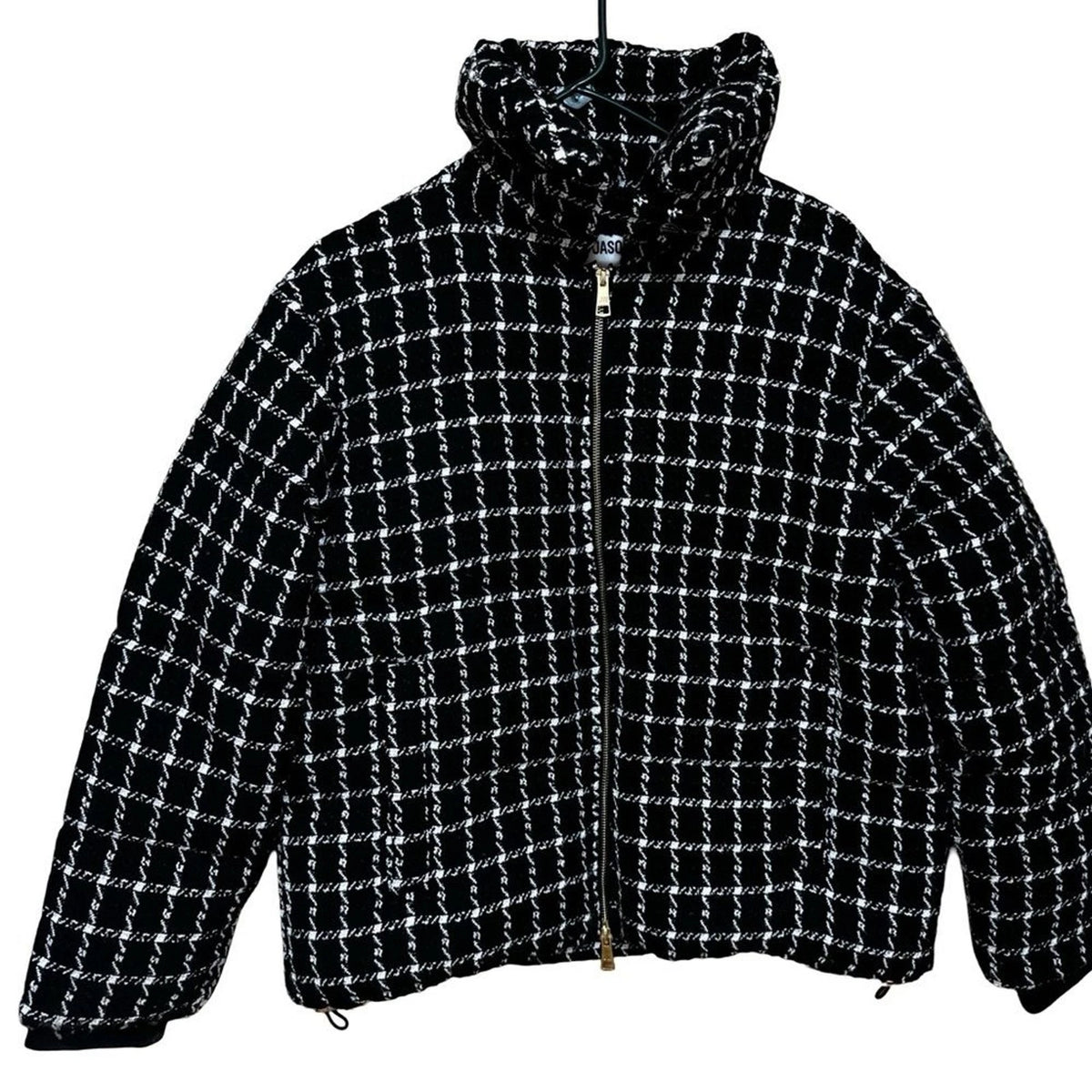 Jason Wu Women’s L Black White Tweed Check Puffer Jacket Gold Zip NWT