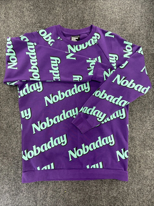 NOBADAY Never Been Done All Over Logo Crewneck Sweatshirt Purple Green