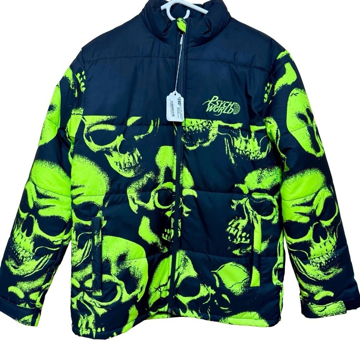 Psychworld Skull Print Puffer Jacket Men’s S Black Lime Green NWT