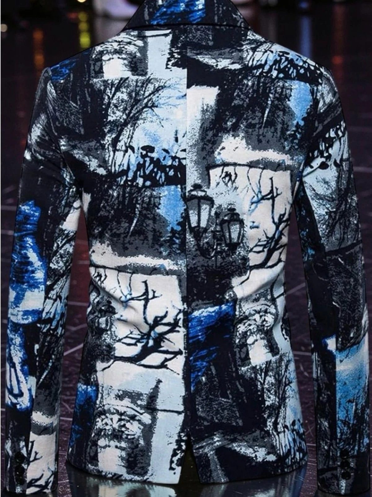 HEYDHSDC Mens M Black Blue Abstract Print Slim Fit Party Blazer Jacket