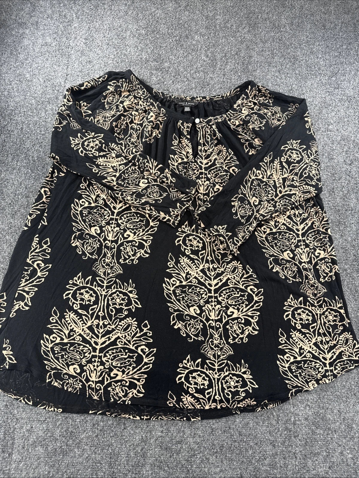 Lucky Brand Floral Peasant Top Women's 1X Black Beige Boho 3/4 Sleeve Blouse