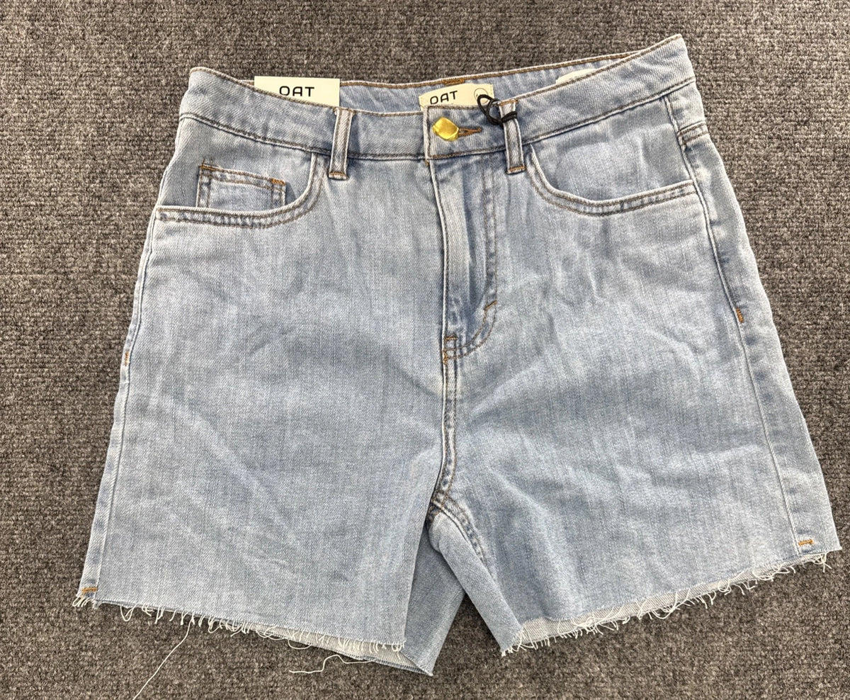 OAT New York Cloud Luxe Denim Shorts 28 Light Wash High Rise Raw Hem NWT