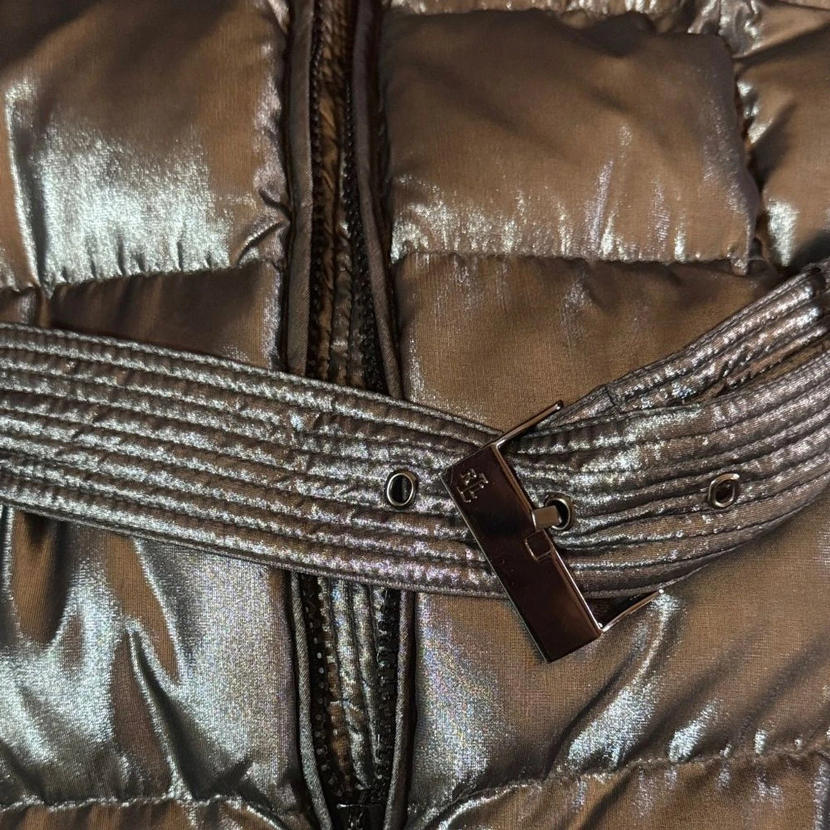 Lauren Ralph Lauren Womens M Gray Silver Belted Down Puffer Jacket Shiny