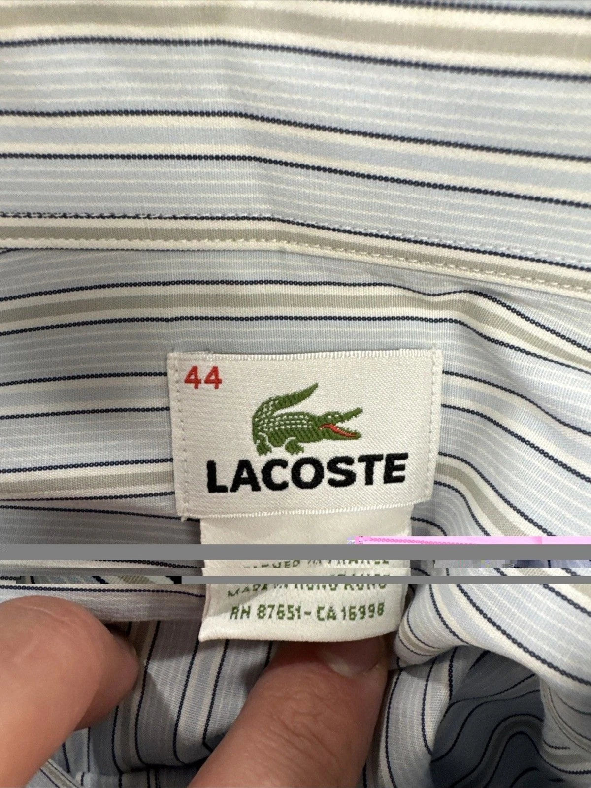 Vintage Lacoste Shirt Men’s 44 XL Light Blue Stripe Hong Kong Cotton Button Down