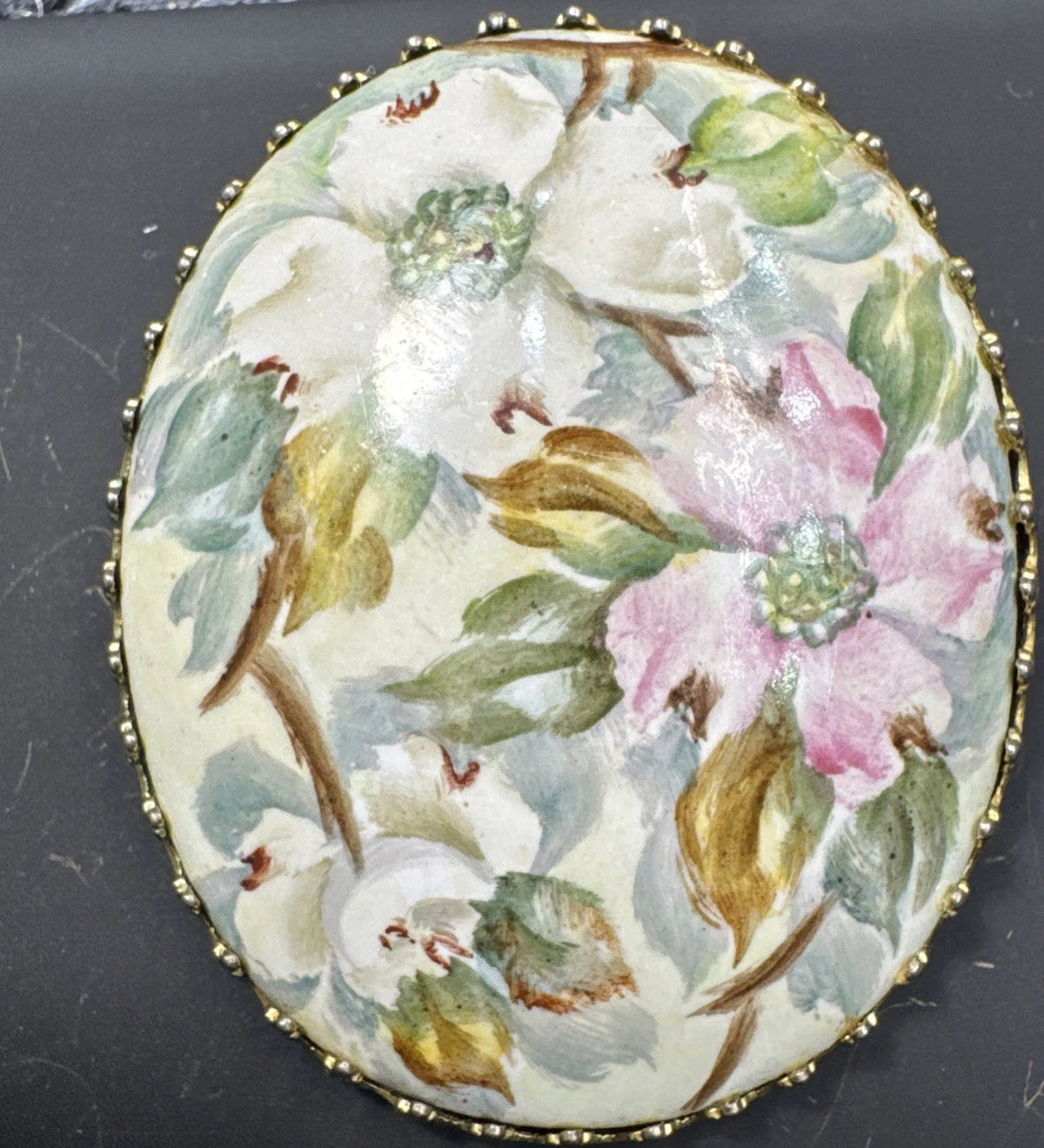 Victorian French Roses Hand Painted Porcelain Brooch Oval Floral Pin Vintage