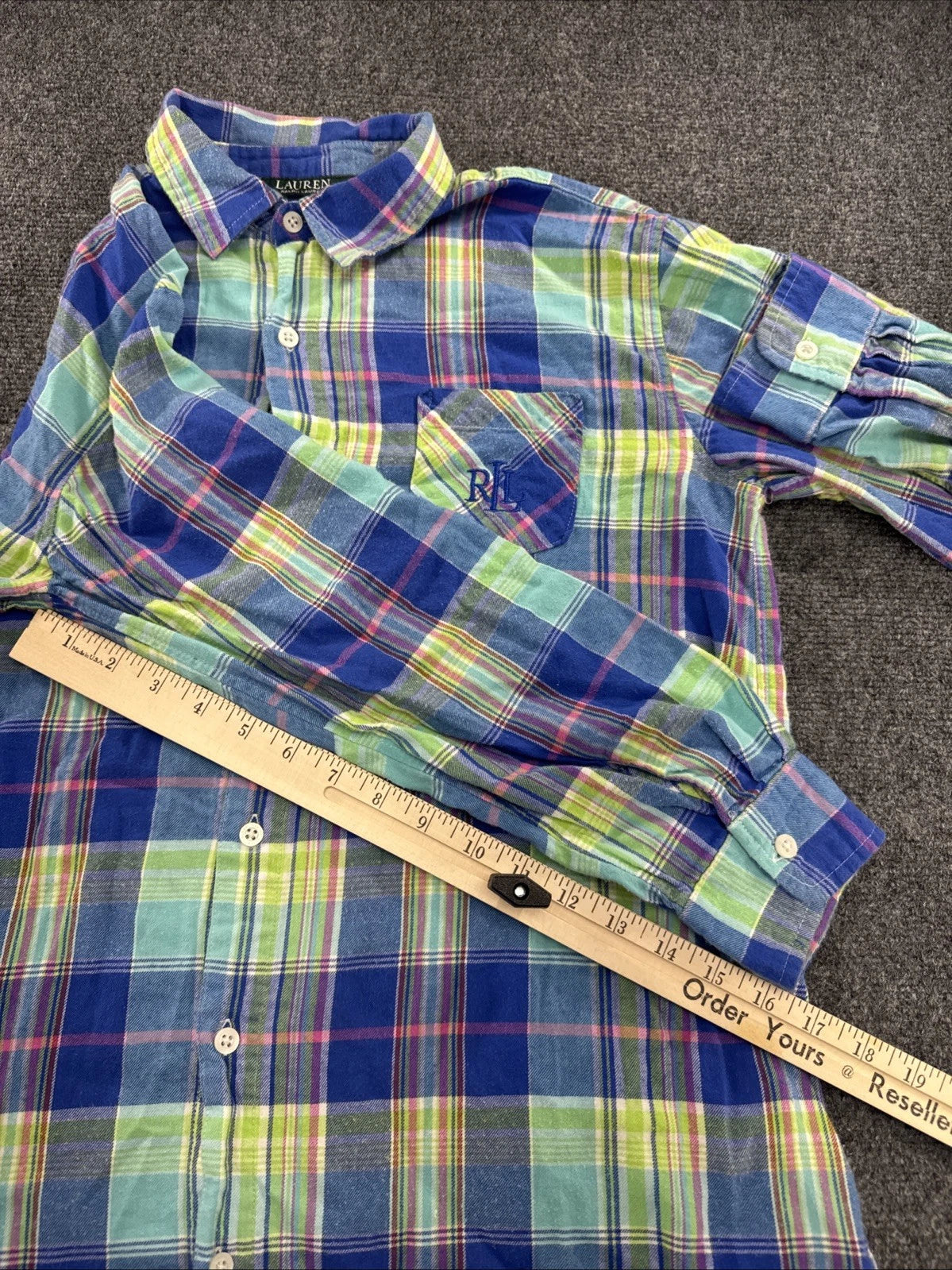 Lauren Ralph Lauren Madras Plaid Shirt Womens M Blue Green Pink RL Monogram