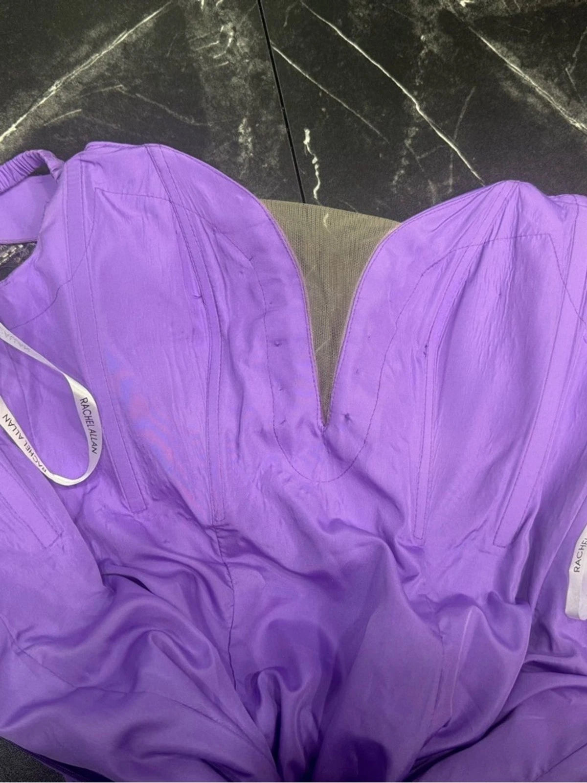 Rachel Allan Purple Satin Mermaid Gown Size 2 Pearl Strap Prom Dress Train