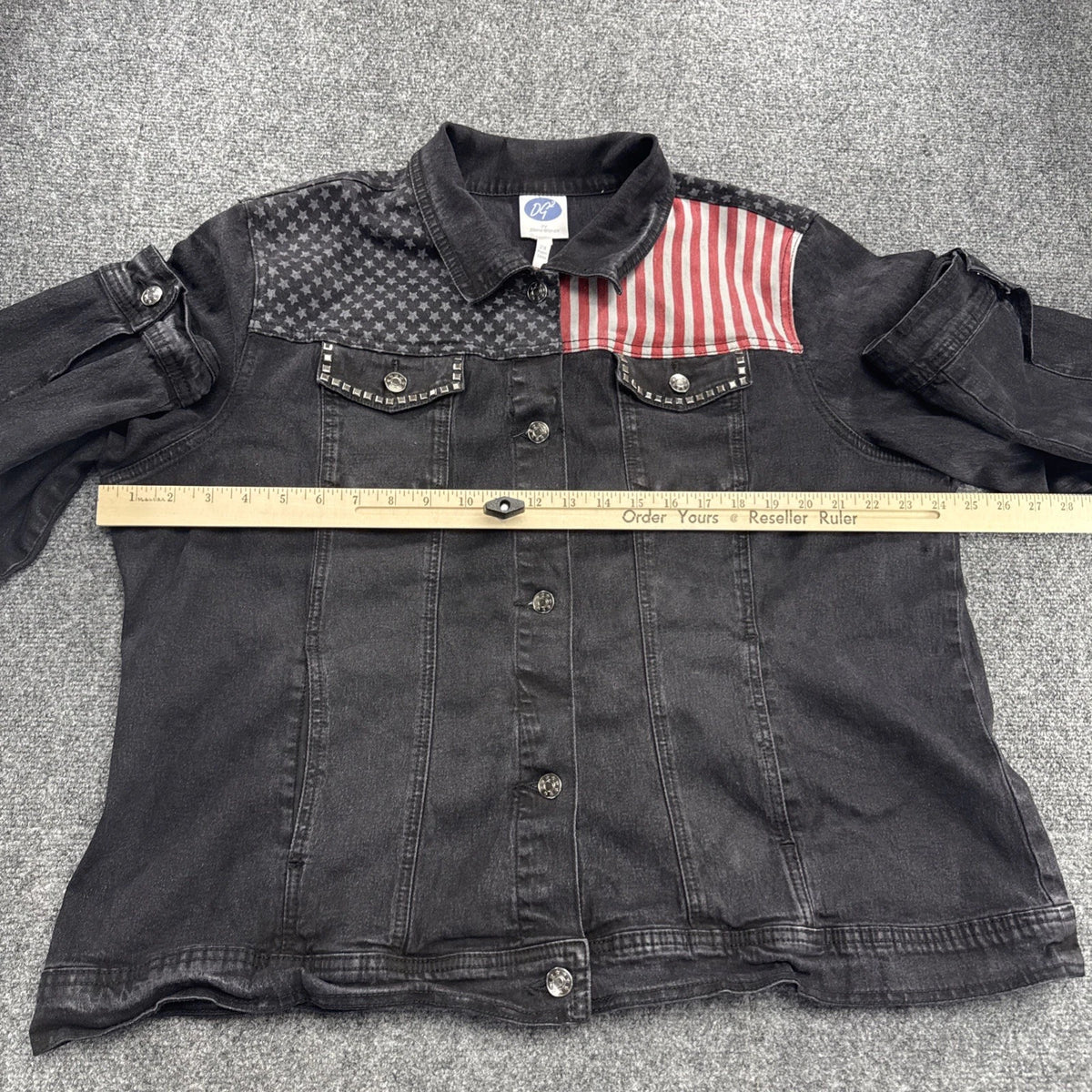 DG2 Diane Gilman Womens 2X American Flag Denim Jacket Black Studded Patriotic