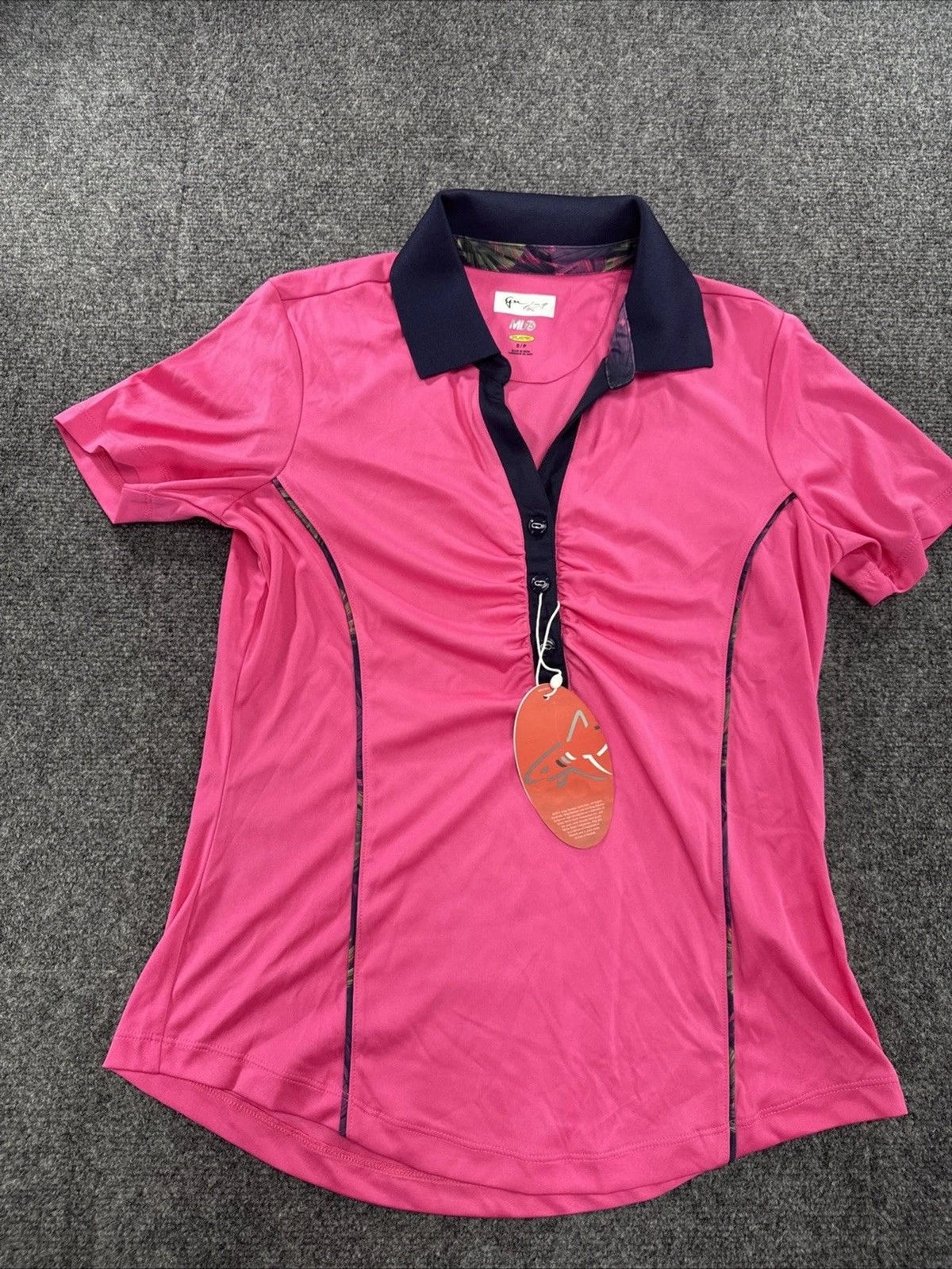 Greg Norman ML75 Play Dry Golf Polo Women Small Bright Pink Navy Ruched NWT