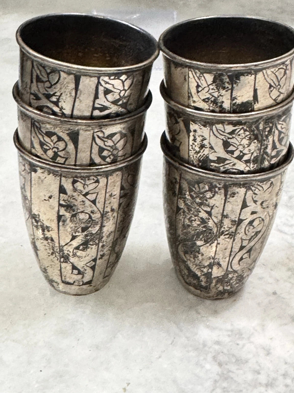 Set of 6 Soviet Russian 875 Silver Niello Shot Glasses Vodka Cups Ornate USSR