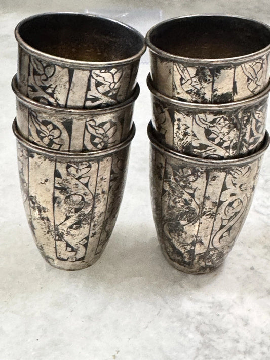 Set of 6 Soviet Russian 875 Silver Niello Shot Glasses Vodka Cups Ornate USSR