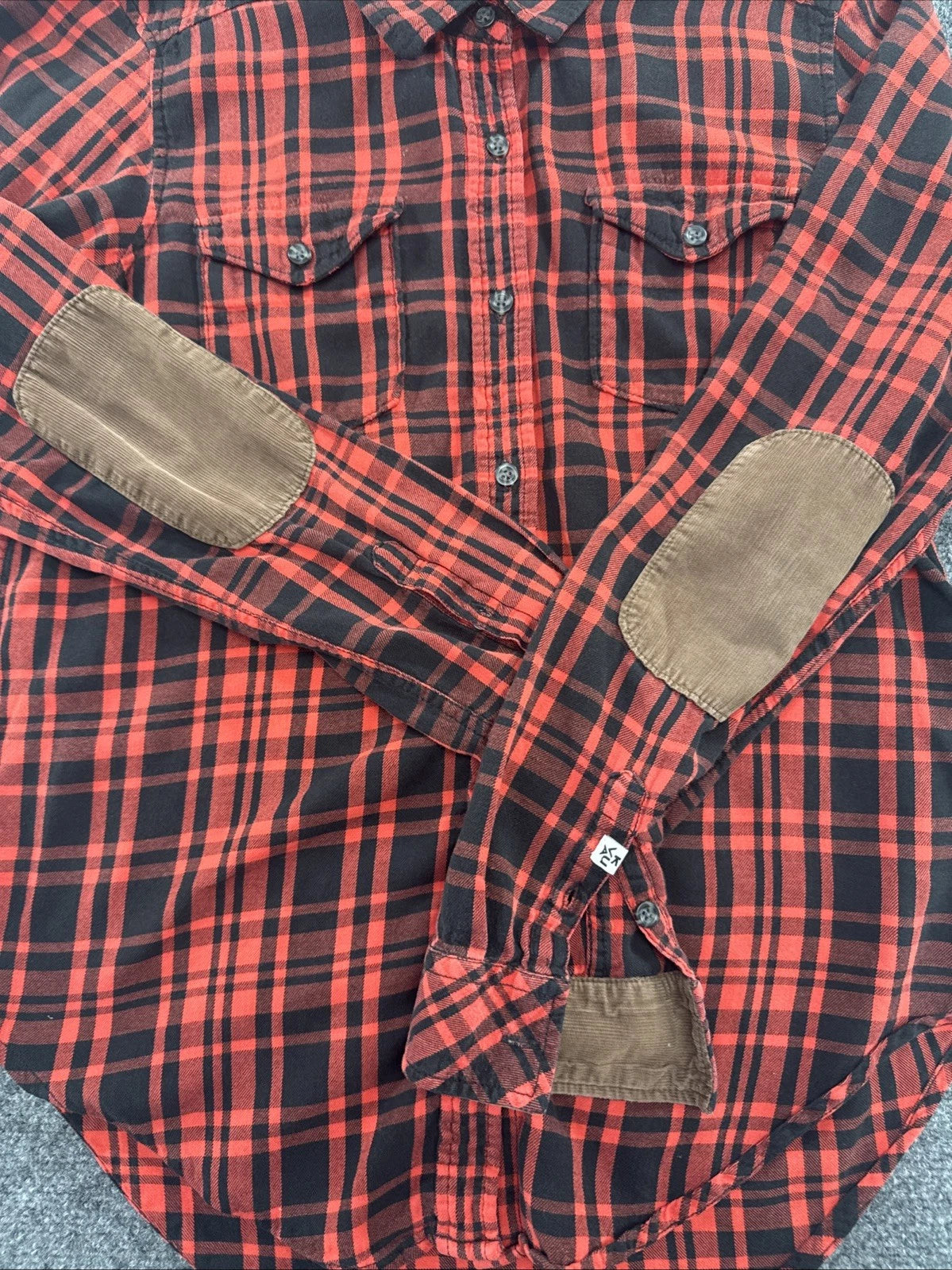 KAVU Women's M Red Black Plaid Flannel Shirt Corduroy Elbow Patches Outdoor