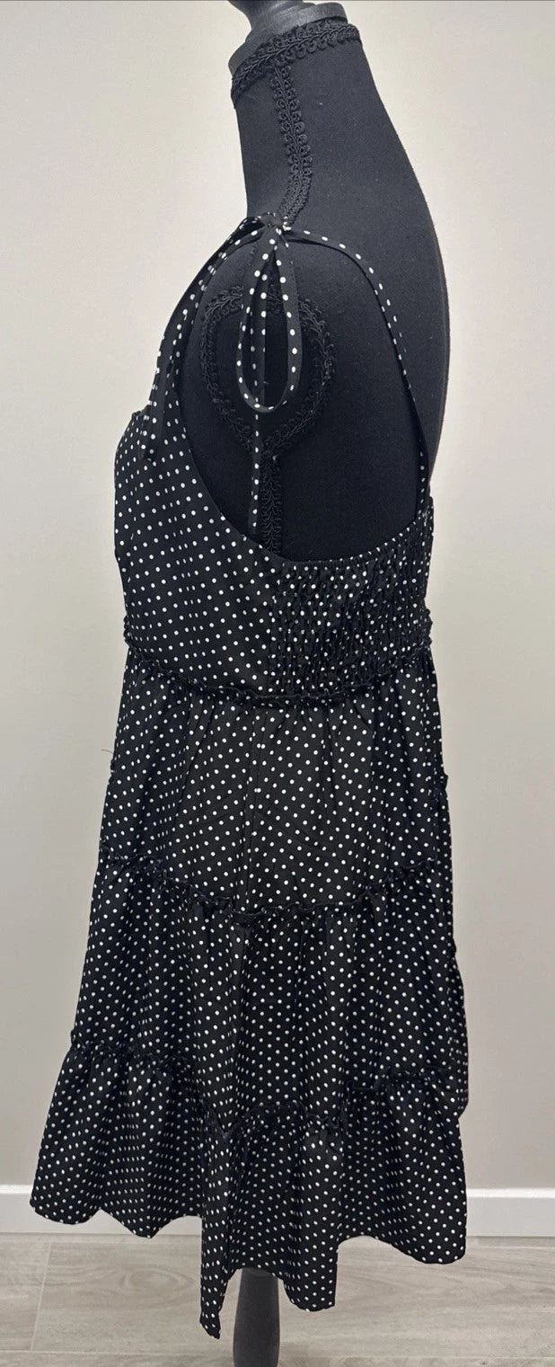 Greath Black White Polka Dot Tiered Midi Dress Women's M Tie Strap Boho