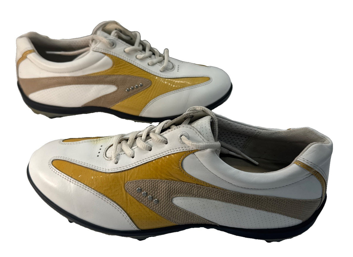 ECCO Hydromax Golf Shoes Men 41 US 7-7.5 White Yellow Leather Spiked Cleats
