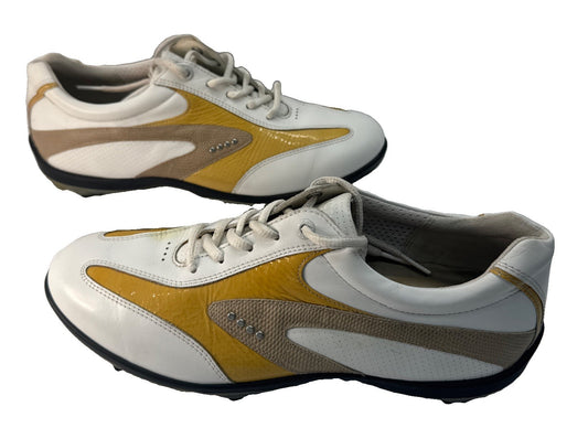 ECCO Hydromax Golf Shoes Men 41 US 7-7.5 White Yellow Leather Spiked Cleats