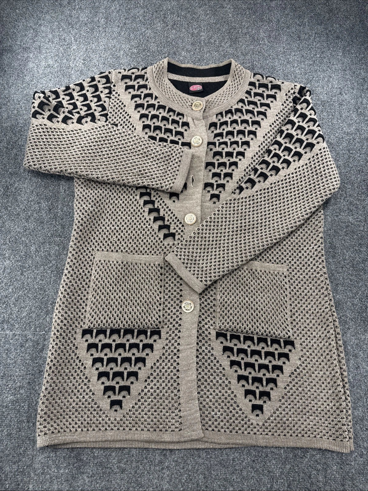 Vintage 90s Biruni Knit Cardigan Women’s M/L Geometric Pockets Turkey