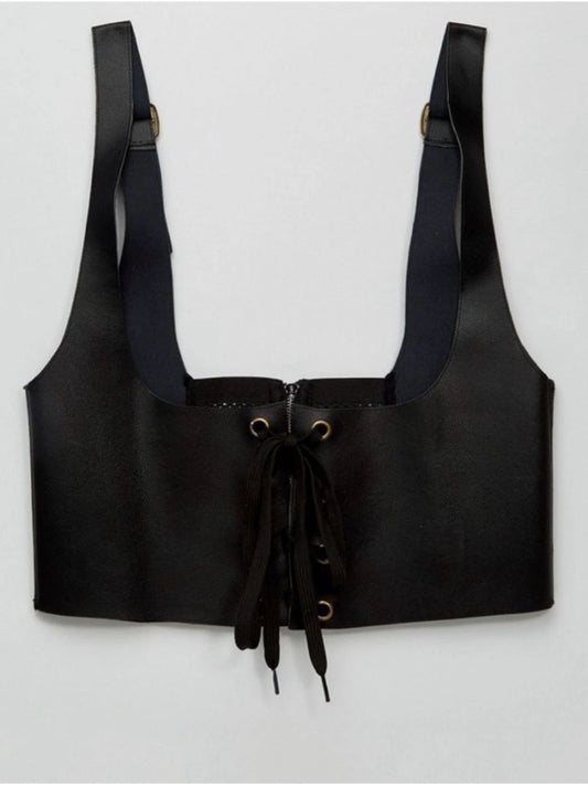 ASOS Women's S Black Faux Leather Lace Up Corset Bustier Crop Top Goth