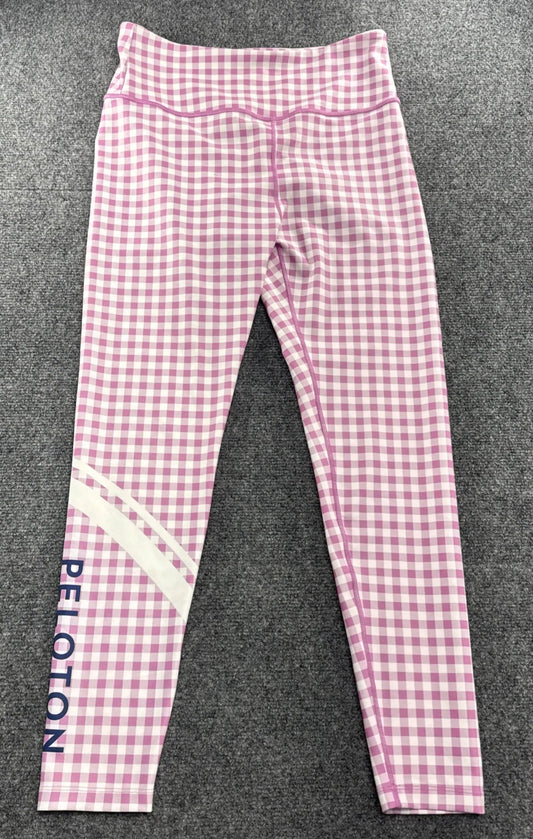 Peloton Leggings Womens L Pink White Gingham Check High Rise Logo Workout Pants