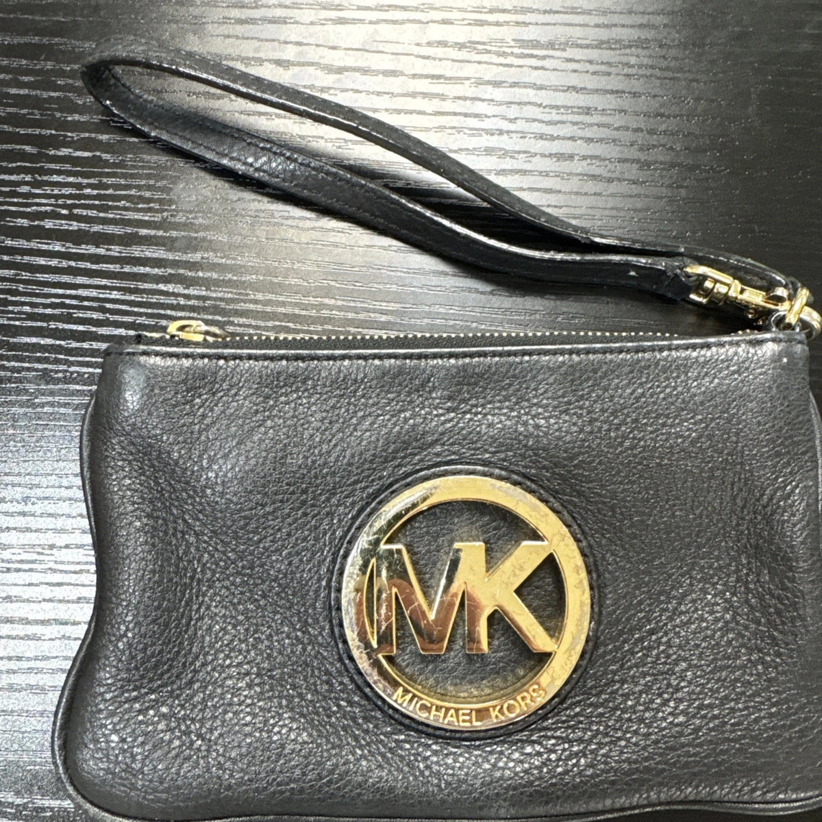 Michael Kors Fulton Large Wristlet Wallet Black Pebbled Leather Gold MK Clutch