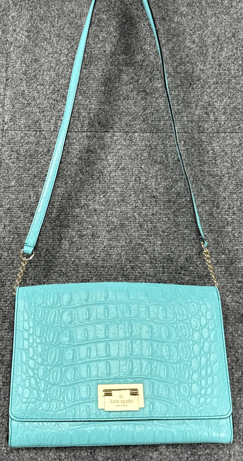 Kate Spade New York Turquoise Croc Embossed Leather Crossbody Clutch Purse