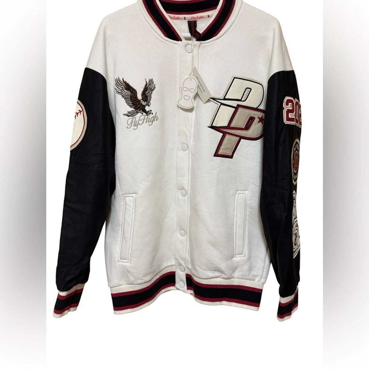 Plus Eighteen Varsity Jacket Men's Large White Black Red Baseball Letterman NWT