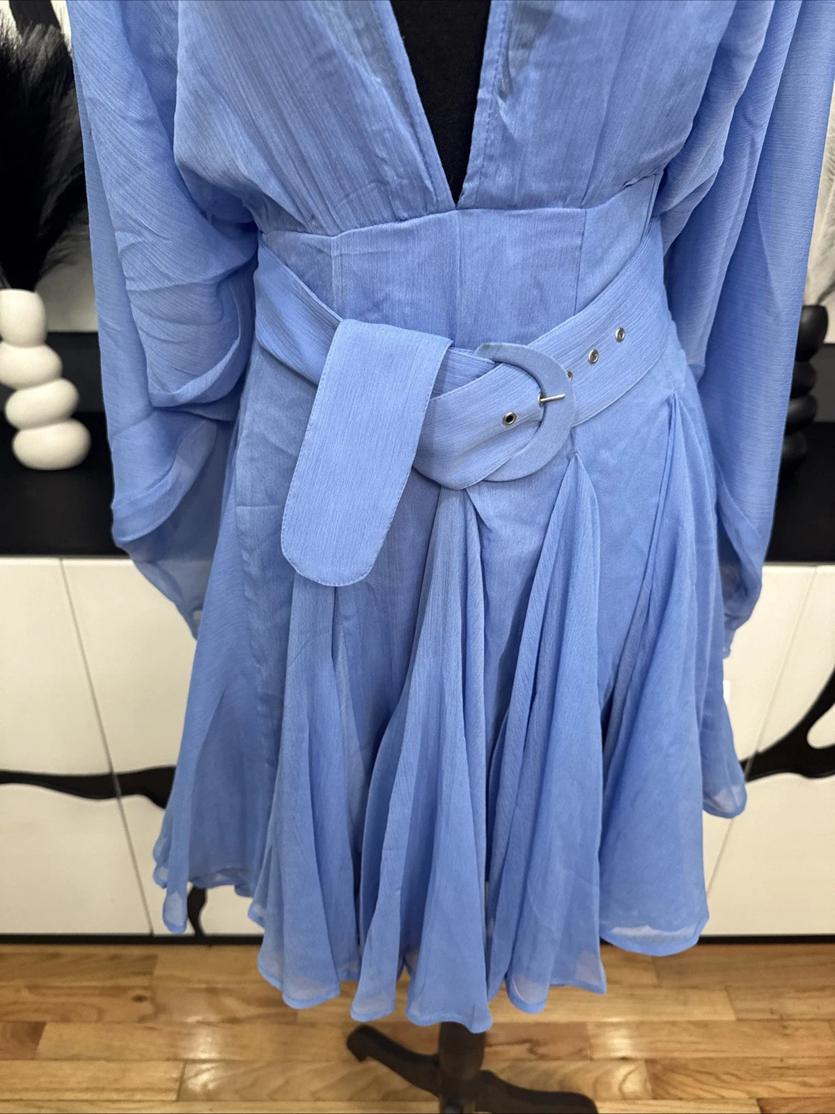ASOS DESIGN Blue Chiffon Mini Dress Women's 4 Long Sleeve Belted NWT