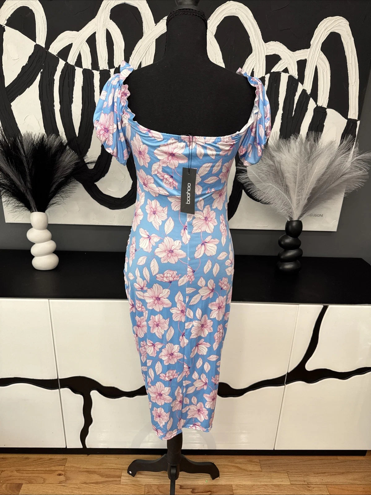 Boohoo Maternity Blue Pink Floral Off Shoulder Ruched Midi Dress Size 8 NWT