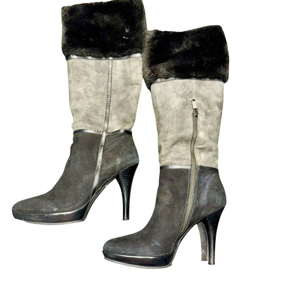 B Makowsky Knee High Platform Boots Women’s 7 Gray Black Leather Side Zip EUC