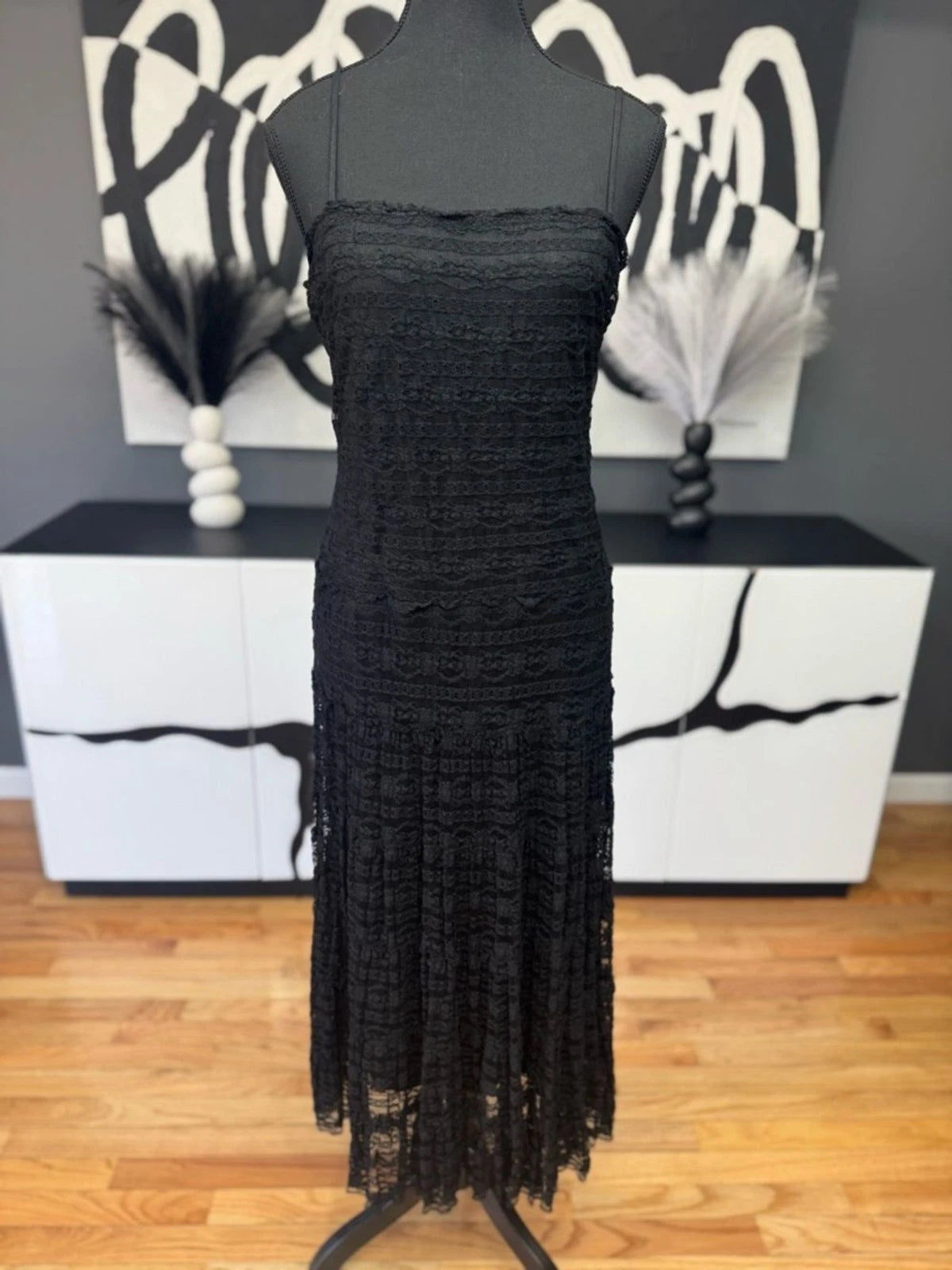 Max Studio Black Lace Strapless Midi Dress Women's Size 12 EUC Cocktail Chic
