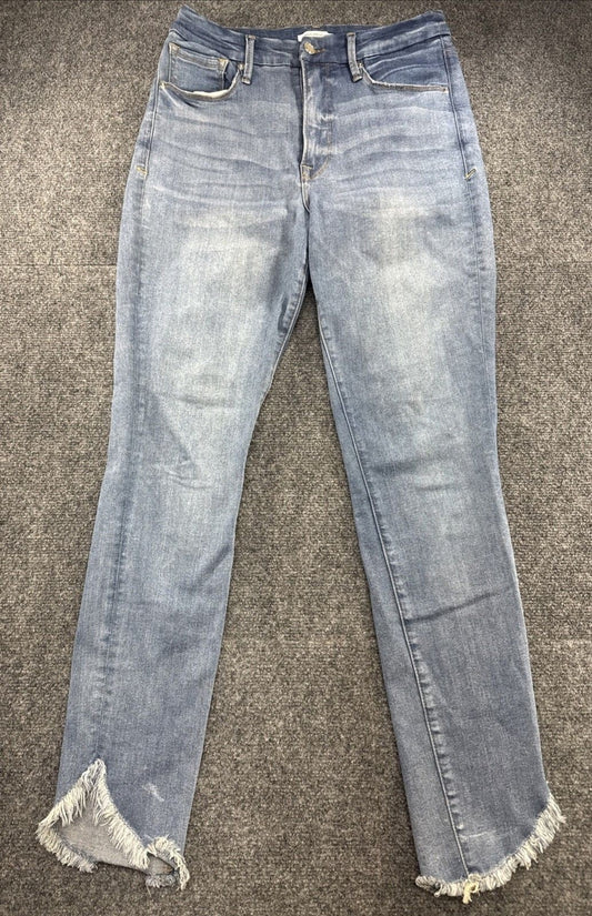 Good American Good Waist Jeans Women 12/31 Blue Raw Frayed Hem Stretch