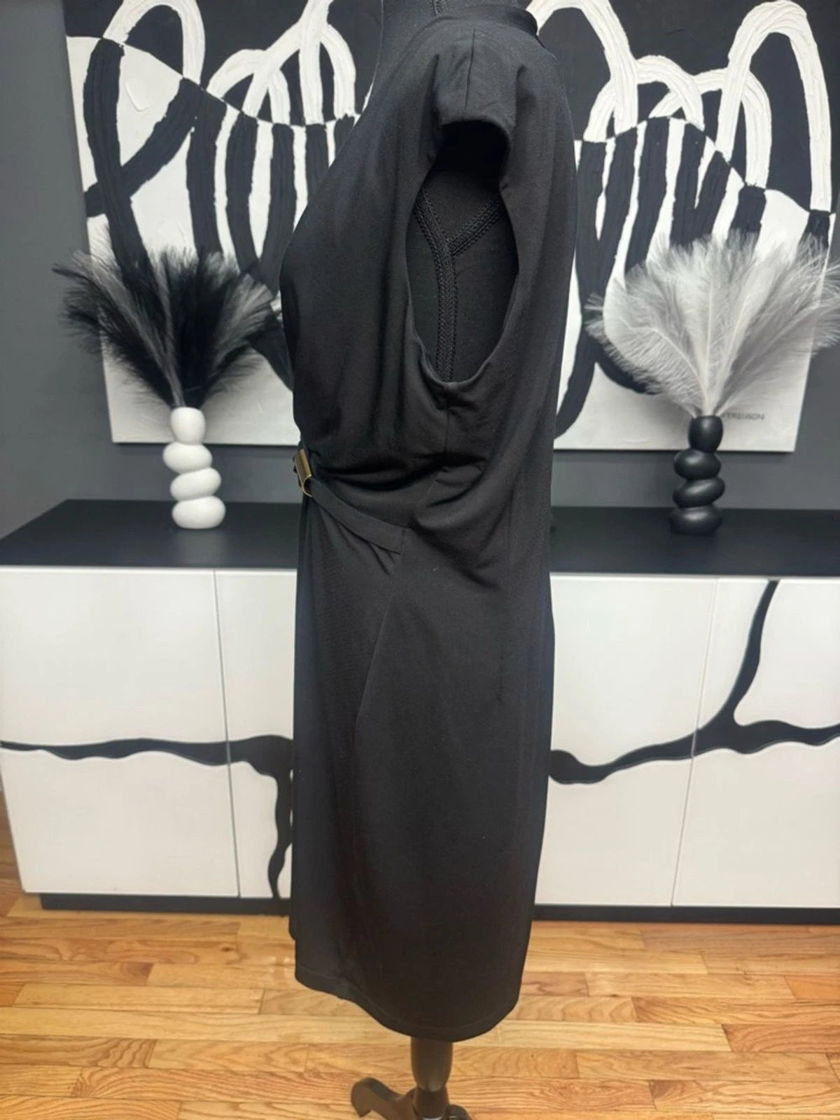 Ellen Tracy Faux Wrap Midi Dress Black Gold Accent Women's 14 Career Elegant