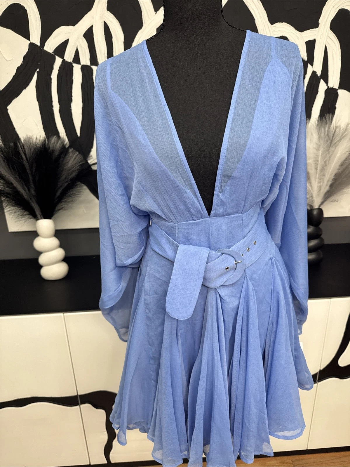ASOS DESIGN Blue Chiffon Mini Dress Women's 4 Long Sleeve Belted NWT