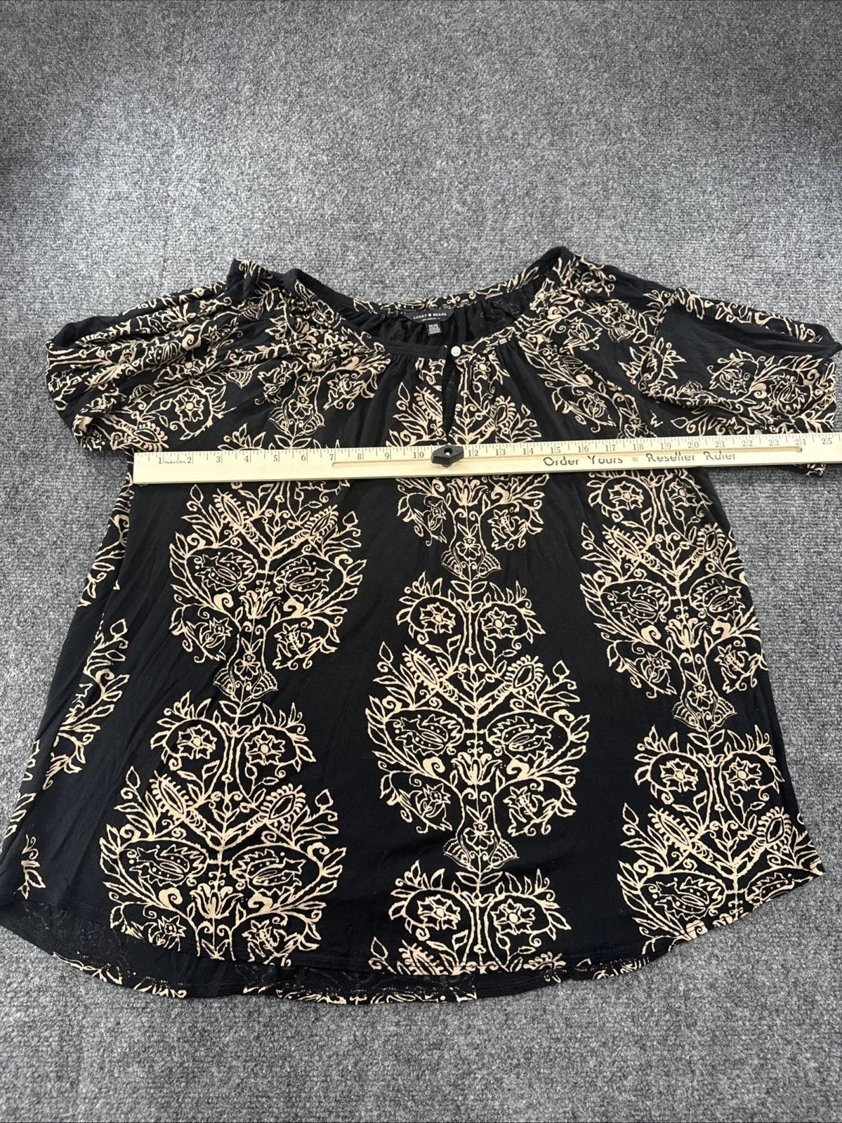 Lucky Brand Floral Peasant Top Women's 1X Black Beige Boho 3/4 Sleeve Blouse