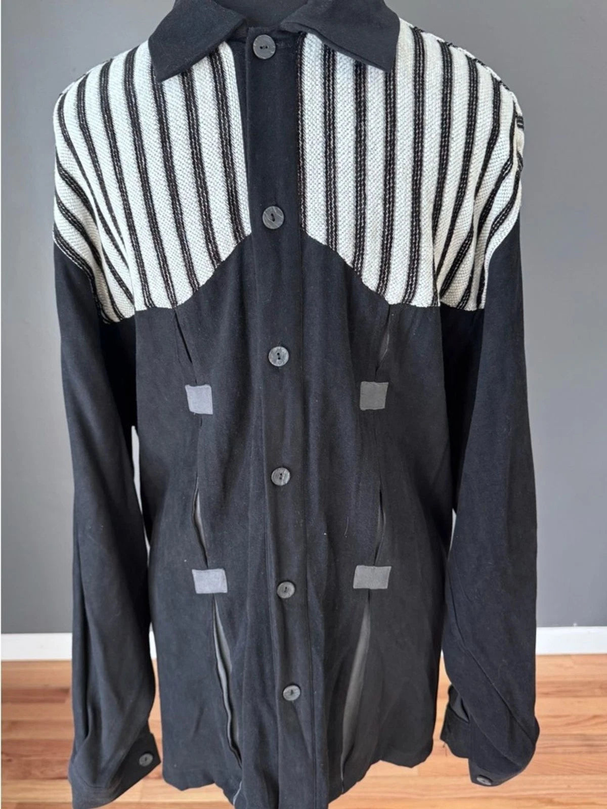 Boogie Boogie Italy Mens M Black Striped Knit Shirt Jacket Vintage Y2K