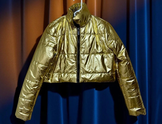 36 Point 5 Gold Metallic Cropped Puffer Jacket Womens M Shiny Winter