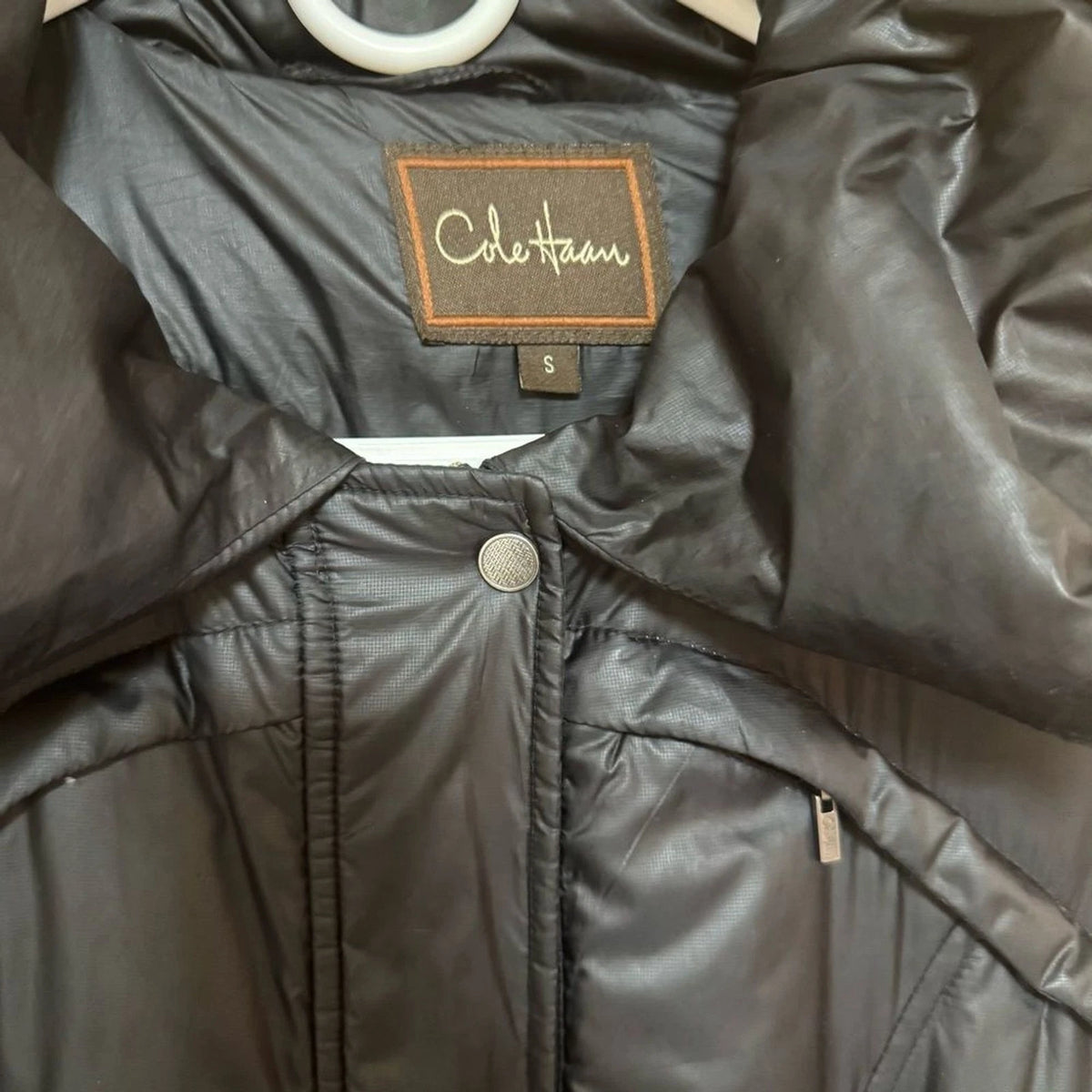 Cole Haan Down Puffer Coat Women’s S Black Detachable Hood Flawed