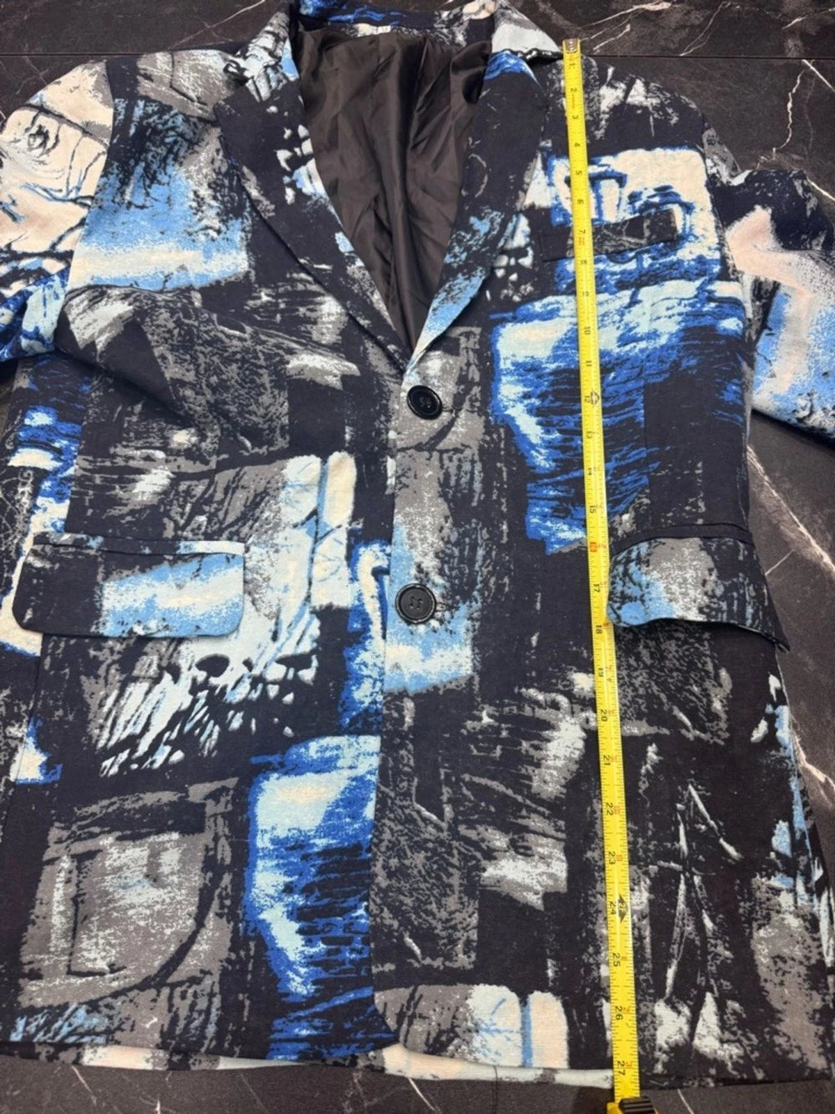HEYDHSDC Mens M Black Blue Abstract Print Slim Fit Party Blazer Jacket