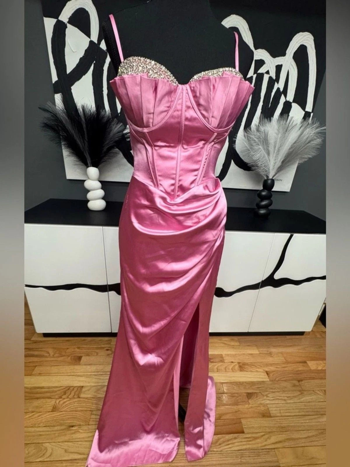 Ladivine Pink Satin Corset Gown Women's 6 Crystal Straps High Slit Formal