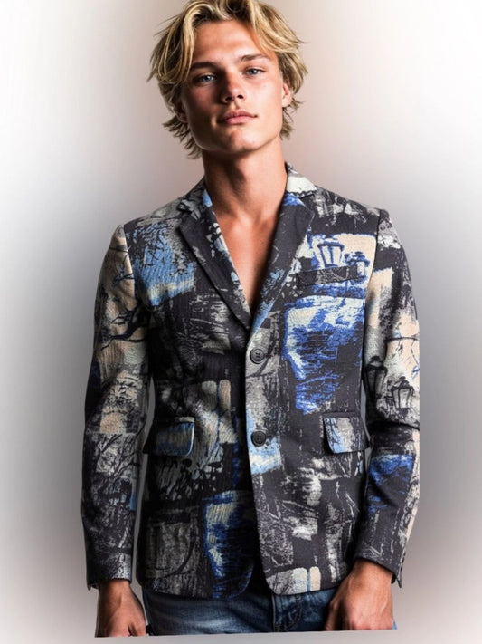 HEYDHSDC Mens M Black Blue Abstract Print Slim Fit Party Blazer Jacket