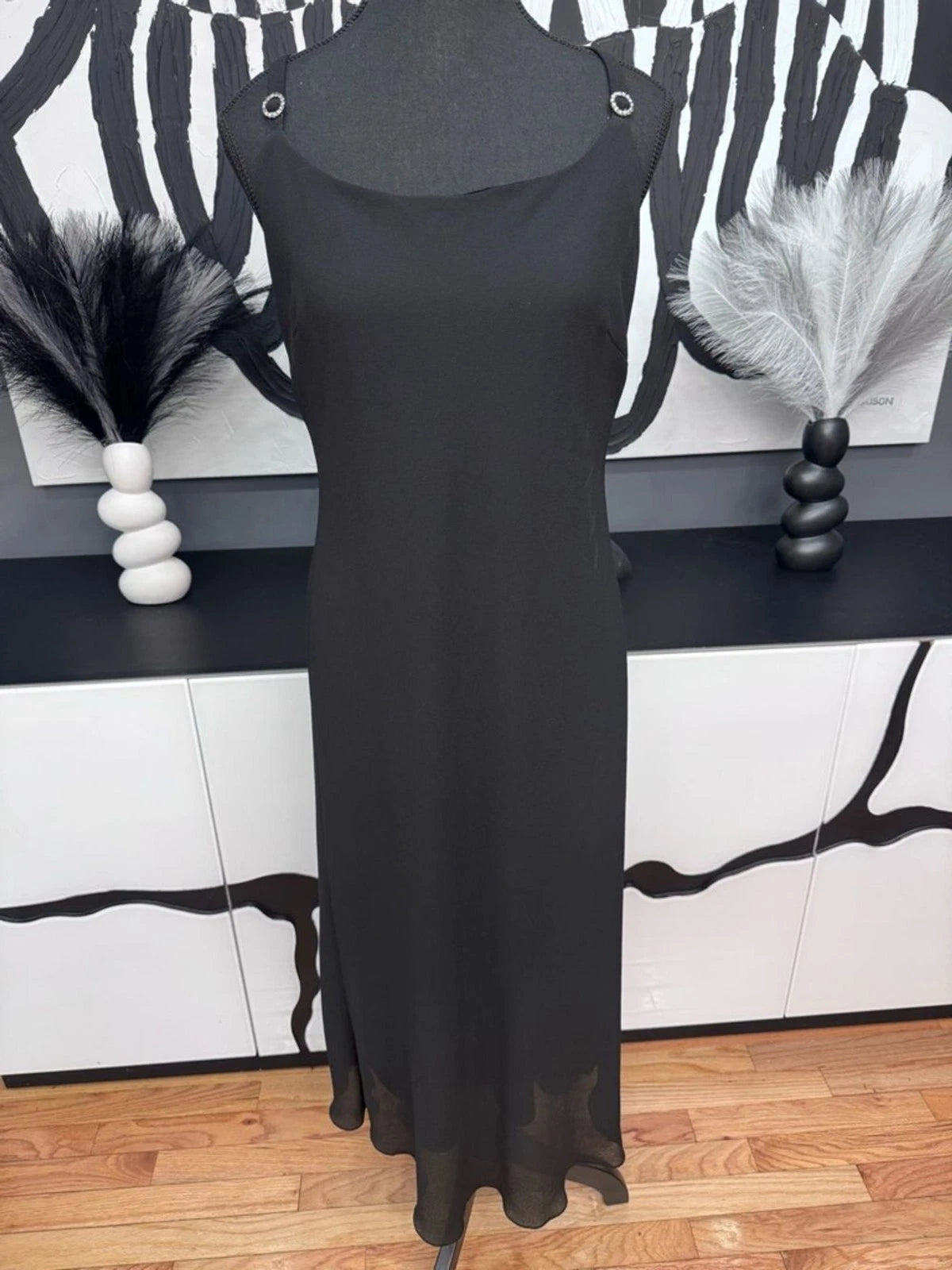 Connected Apparel Black Maxi Dress Rhinestone Straps Women's 12 Formal EUC