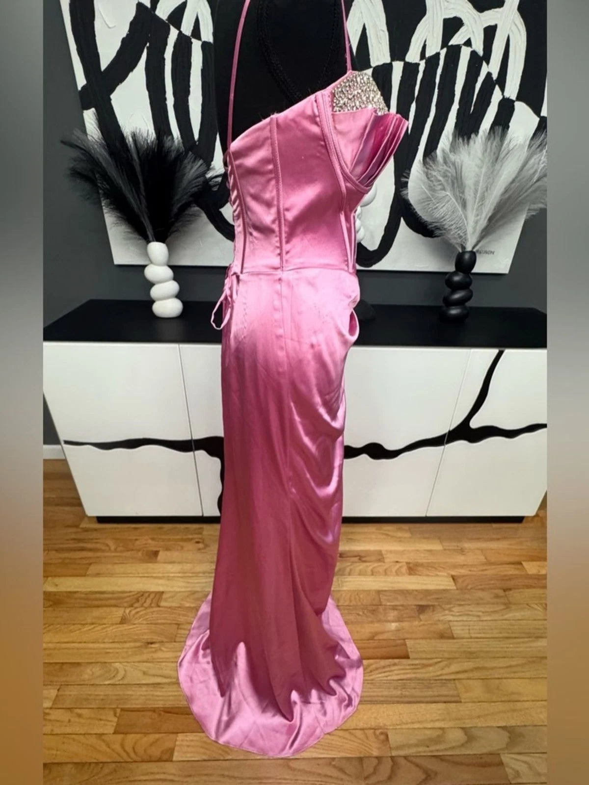 Ladivine Pink Satin Corset Gown Women's 6 Crystal Straps High Slit Formal